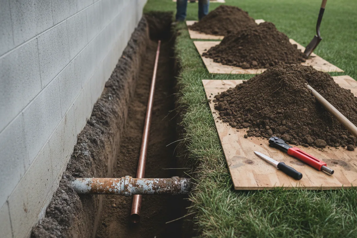 Excavated water line trench during Sewer Line Repair in Norwalk